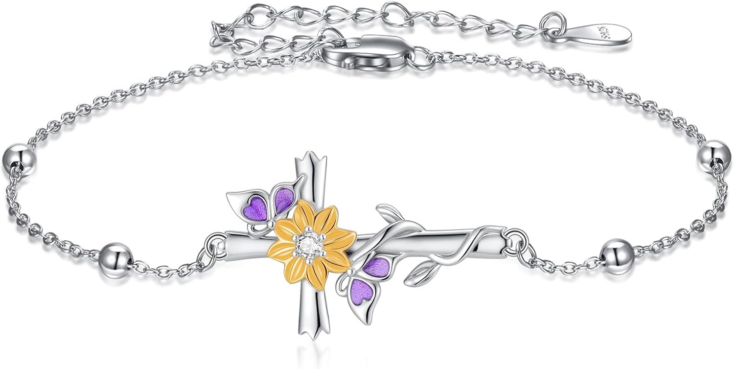 Music Note/Cross/Mustard Seed Bracelet for Women 925 Sterling Silver Breast Cancer Sunflower Butterfly Music Jewelry Faith Gifts