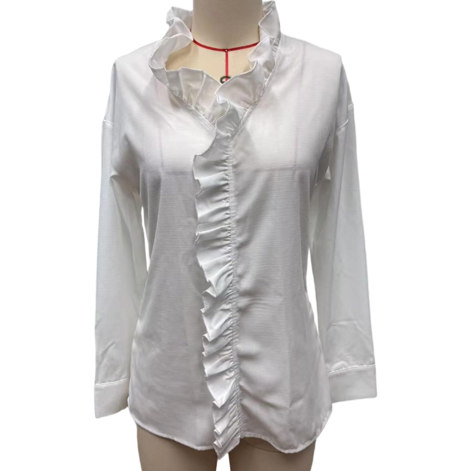 Camisa de manga larga con cuello en V y volantes para mujer, casual, ajuste holgado, para negocios, oficina, trabajo, camisa de trabajo de manga larga con cuello en V