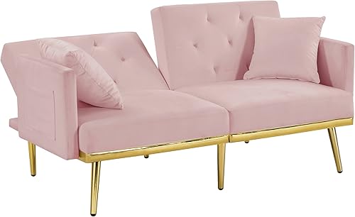 Miniatura 20 de Moderno sofá biplaza de terciopelo de 59 pulgadas con 2 bolsillos, sofá cama convertible tapizado con respaldo múltiple ajustable, sofá futón con