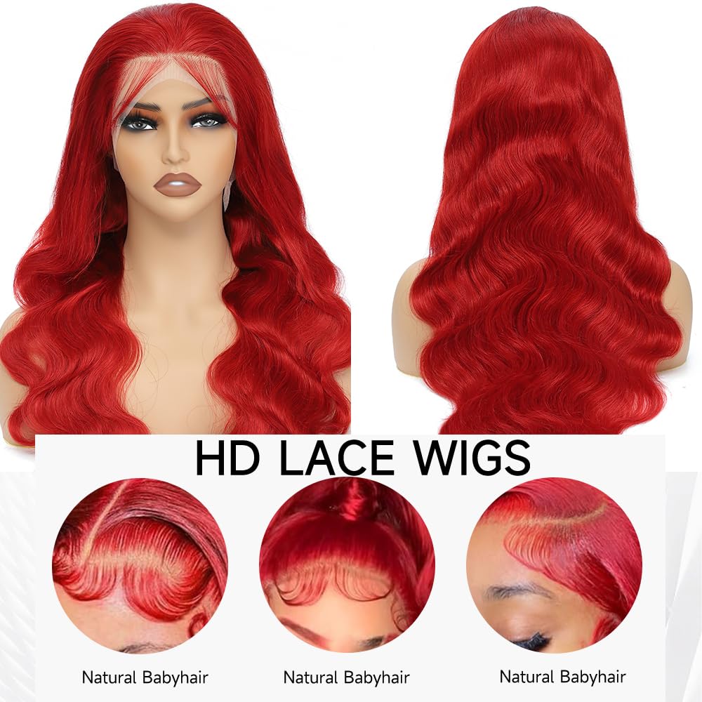 30 Inch Red Wig Human Hair Pre Plucked Red Lace Front Wigs Human Hair 200% Density 13x4 Colored Wigs for Women Body Wave Red Lace Front Wig