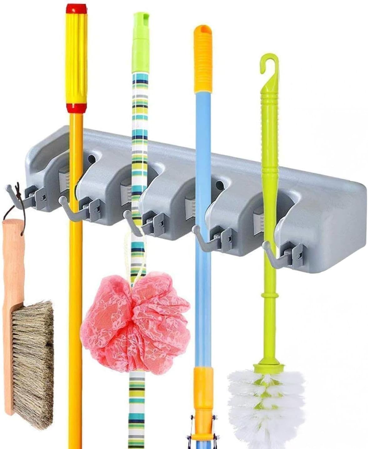 Angel Bear Mop Holder and Broom Holder, 4 Slot Position with 5 Hooks Brooms Holder Wall Mounted Holder