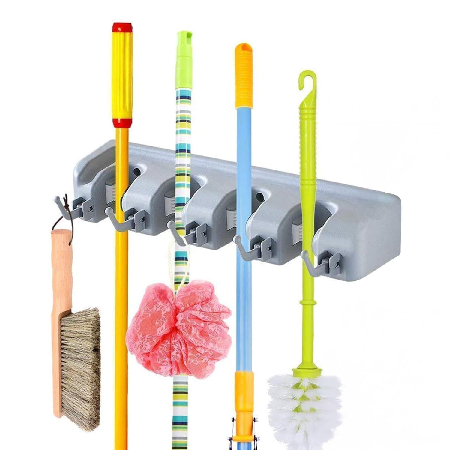 Angel Bear Mop Holder and Broom Holder, 4 Slot Position with 5 Hooks Brooms Holder Wall Mounted Holder