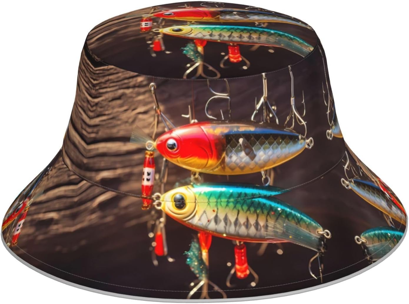 (Fishing Lure) Reflective Reversible Bucket Hat Foldable Breathable Stylish Two-Way Wear for Outdoor Travel Daily Activities Black