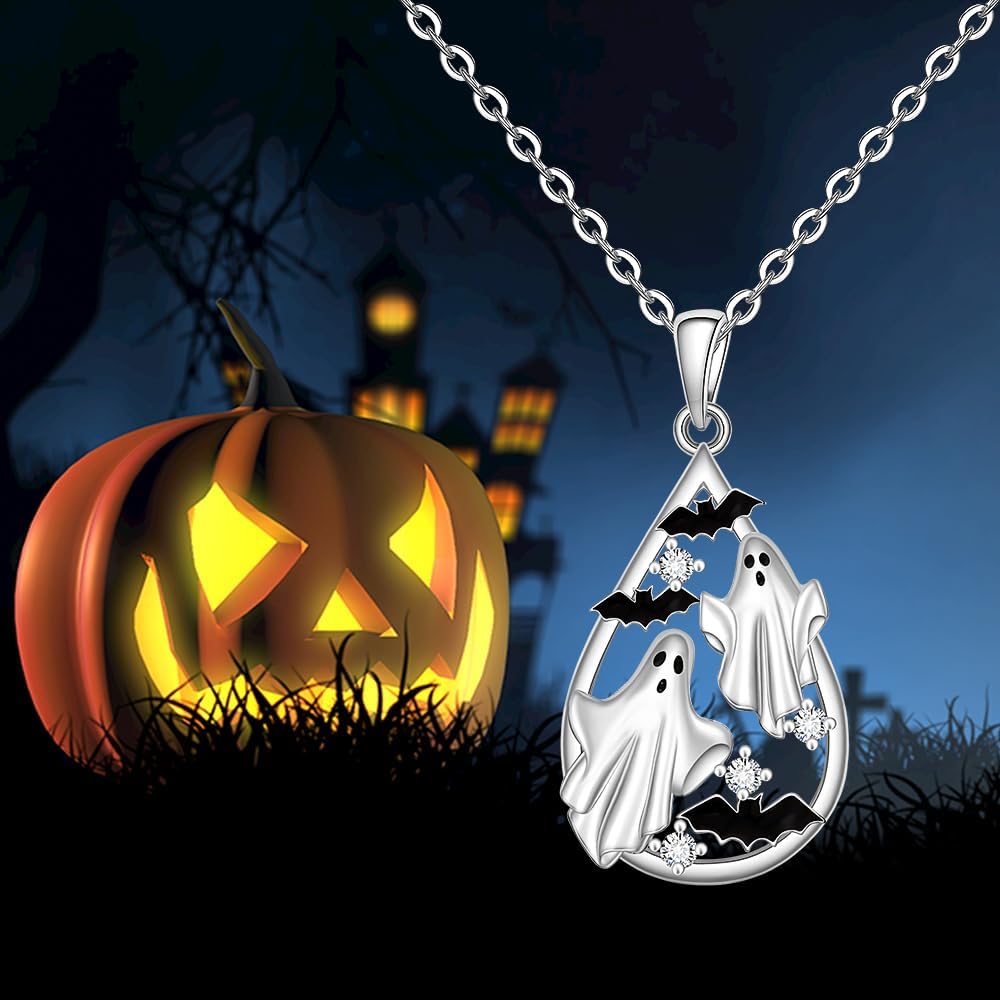 Ghost Necklace Halloween Necklace for Women 925 Sterling Silver Boo Black Bat Pendant Halloween Gifts for Women - Image 8