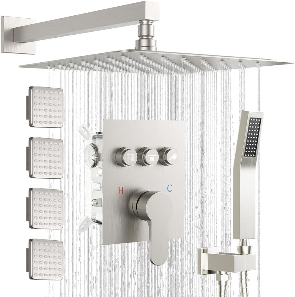Shower System Brushed Gold Shower Faucets Sets, Bostingner 10" Rain Shower Head with 2 In 1 Handheld Spray and 4 Body Jets, Wall Mounted All Metal 3 Way Shower Set with Rough-in Valve and Trim Kit