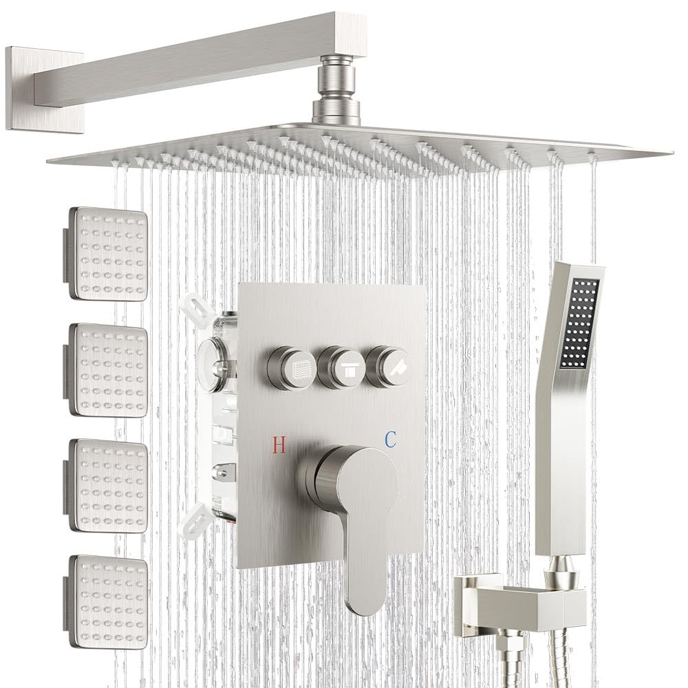 Shower System with Body Jets, Bostingner Shower Faucet Set 12" Rain Shower Head with Handheld Spray, Can Use at Same Time, 3 Way Push Button Diverter Shower Set Complete, Brushed Nickel