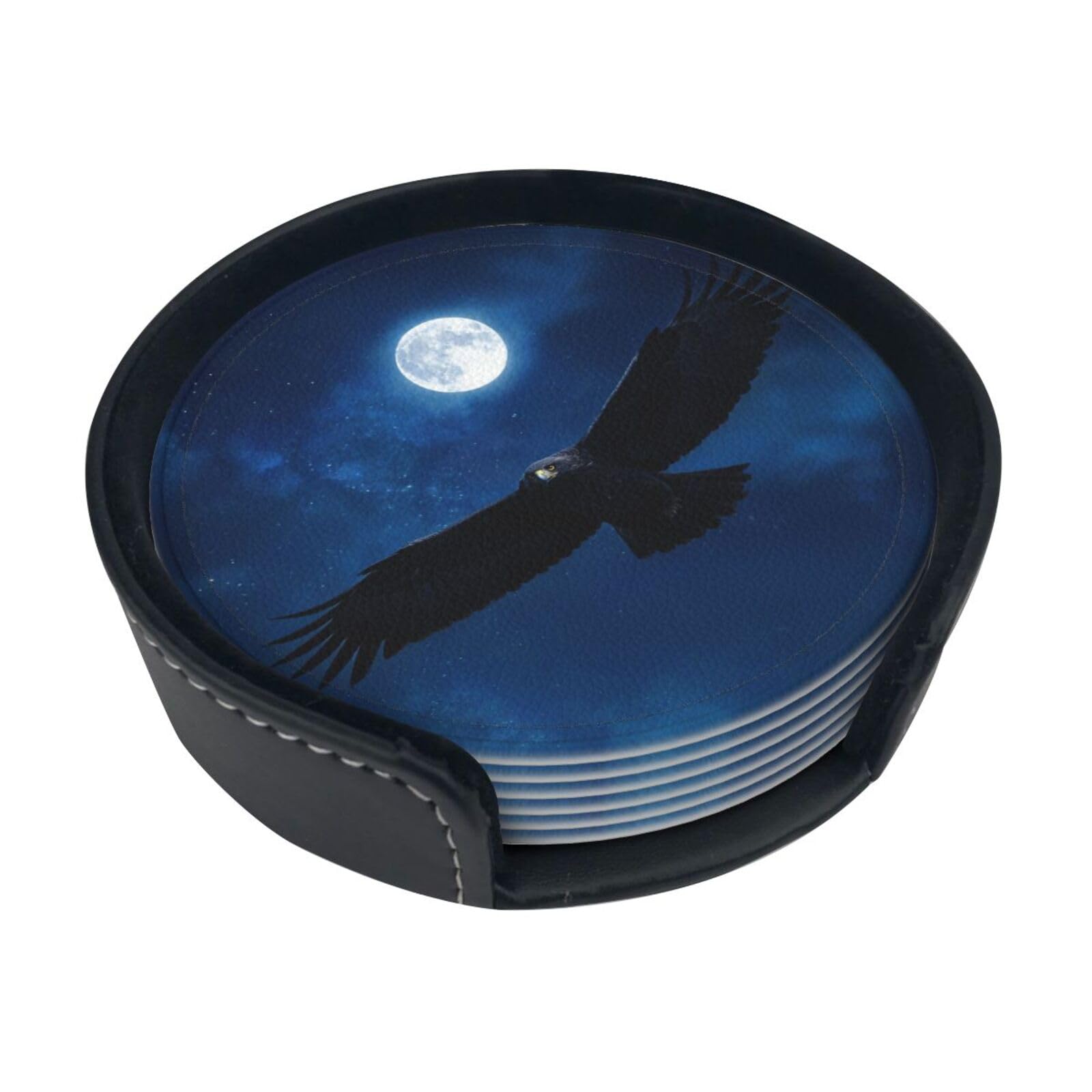 Night Eagle Hunt Leather Coasters-Set of 6 with Storage Holder