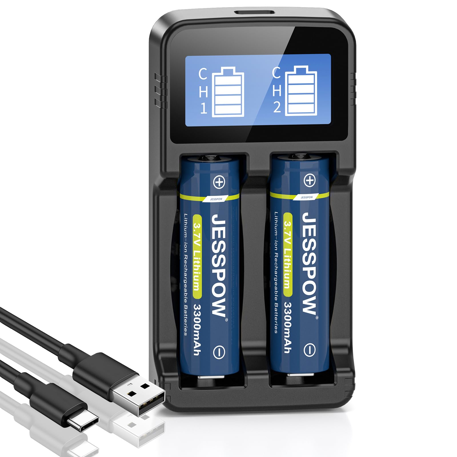 Piles Rechargeables 3.7V 3300mAh Button Top avec Chargeur pour Lampe de Poche Sonnette Télécommandée 2Pcs 18x65mm
