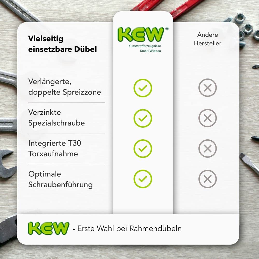 KEW 50x Rahmen-Dübel mit Torxschraube RDD TX - Bit T30 - Premium Nylon-Dübel für Beton, Holz, Metall, Stein, Ziegel, etc. - 8x120mm - 50er-Pack