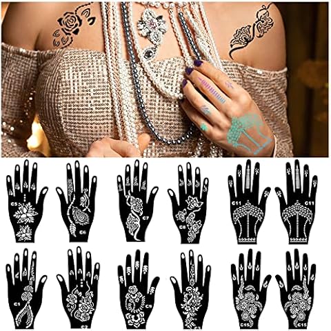 Henna Tattoo Stencils Set, 12 Sheets Hand Shape Indian Design Tattoo Stencil, Reusable Arabian Self Adhesive Tattoo for Body Art Stencils Cover
