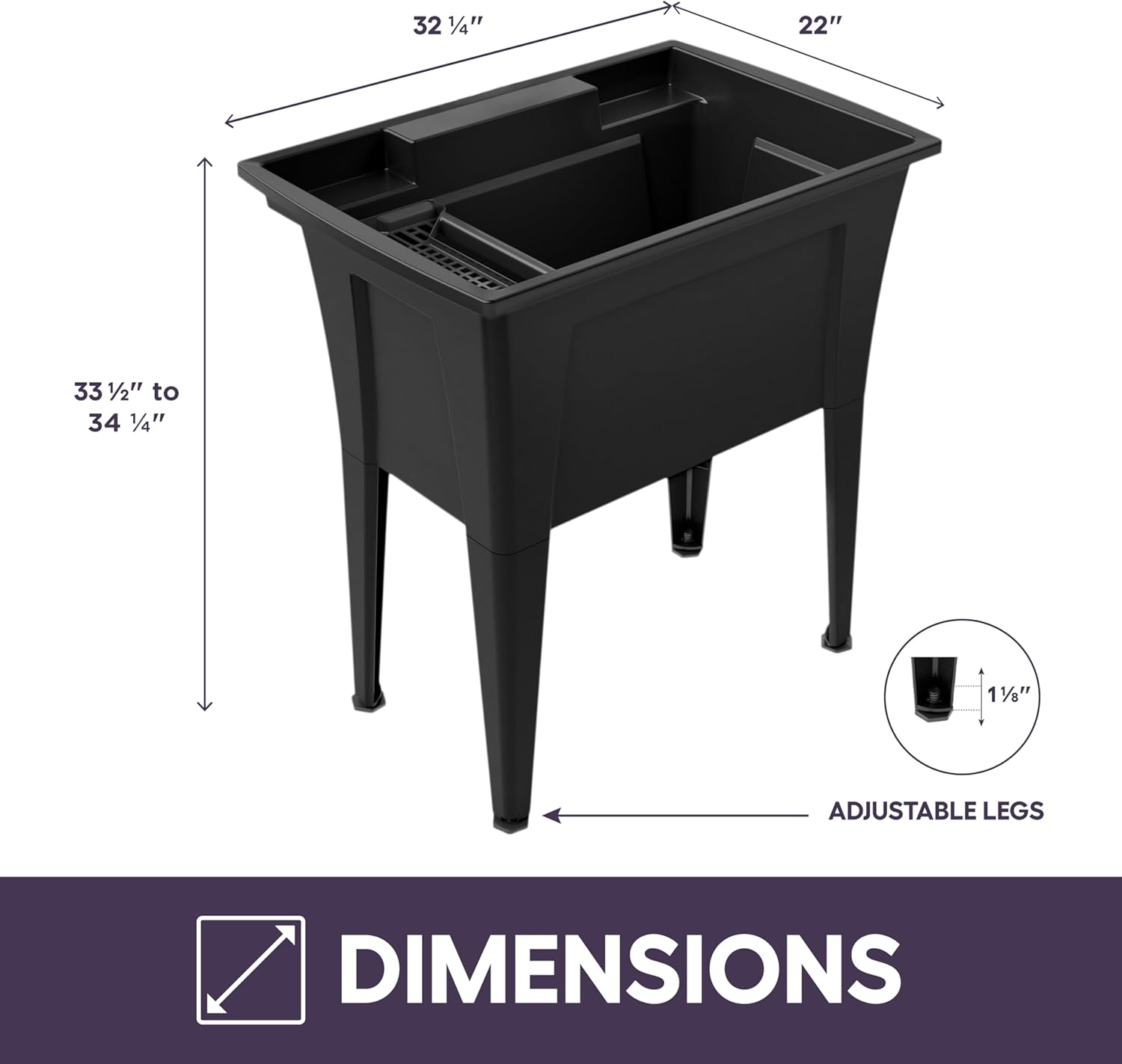 32” Utility Sinks for Laundry Room, Garage, Garden, Basement – Noah William Home Indoor and Outdoor Polypropylene Basement Wash Tub - No Faucet Included (Black)