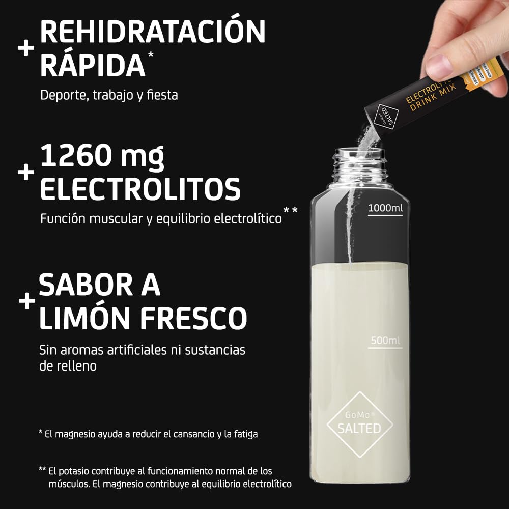 GoMo SALTED Hydration Aid | Electrolitos sin azúcar bajo en calorías | absorción de agua mejorada e hidratación rápida | 30 porciones de polvo deportivo electrolítico con sal alpina suiza | Limón