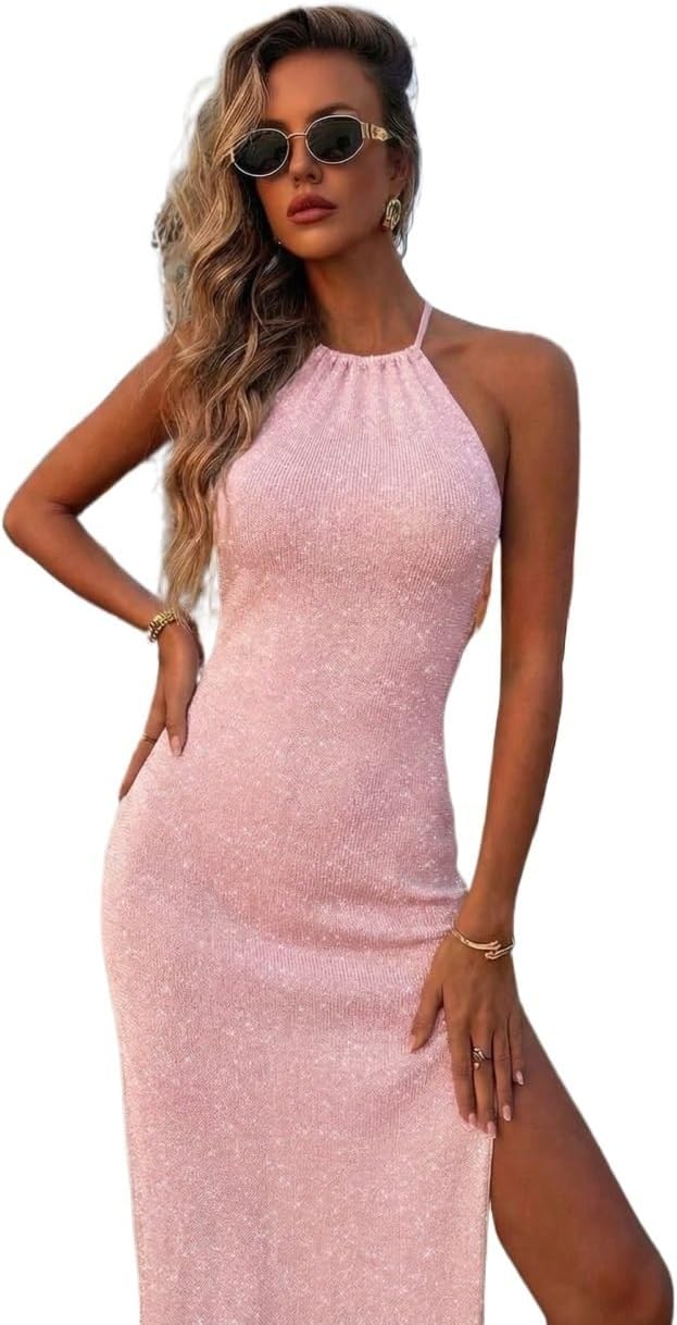 Women's Solid Color High Slit Backless Dress Beach Summer cover ups for swimwear