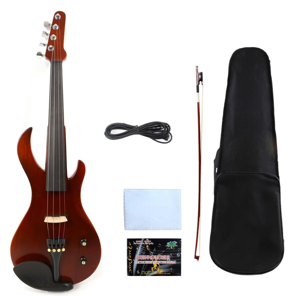 Kit violino elettrico silenzioso 4/4 full-size per violino elettrico silenzioso corpo in legno massello con accessori in ebano a forma di chitarra potente suono, custodia, arco