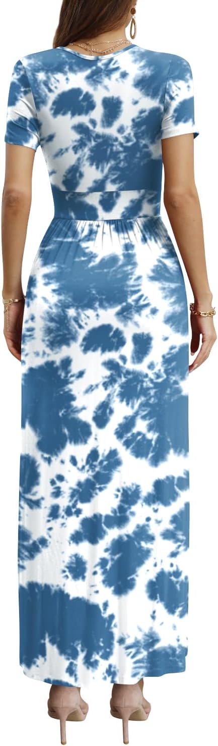 CATHY Women Short Sleeve Deep V-Neck Casual Long Dress Sexy Pleated Waist Maxi Dresses with Pockets - Image 3