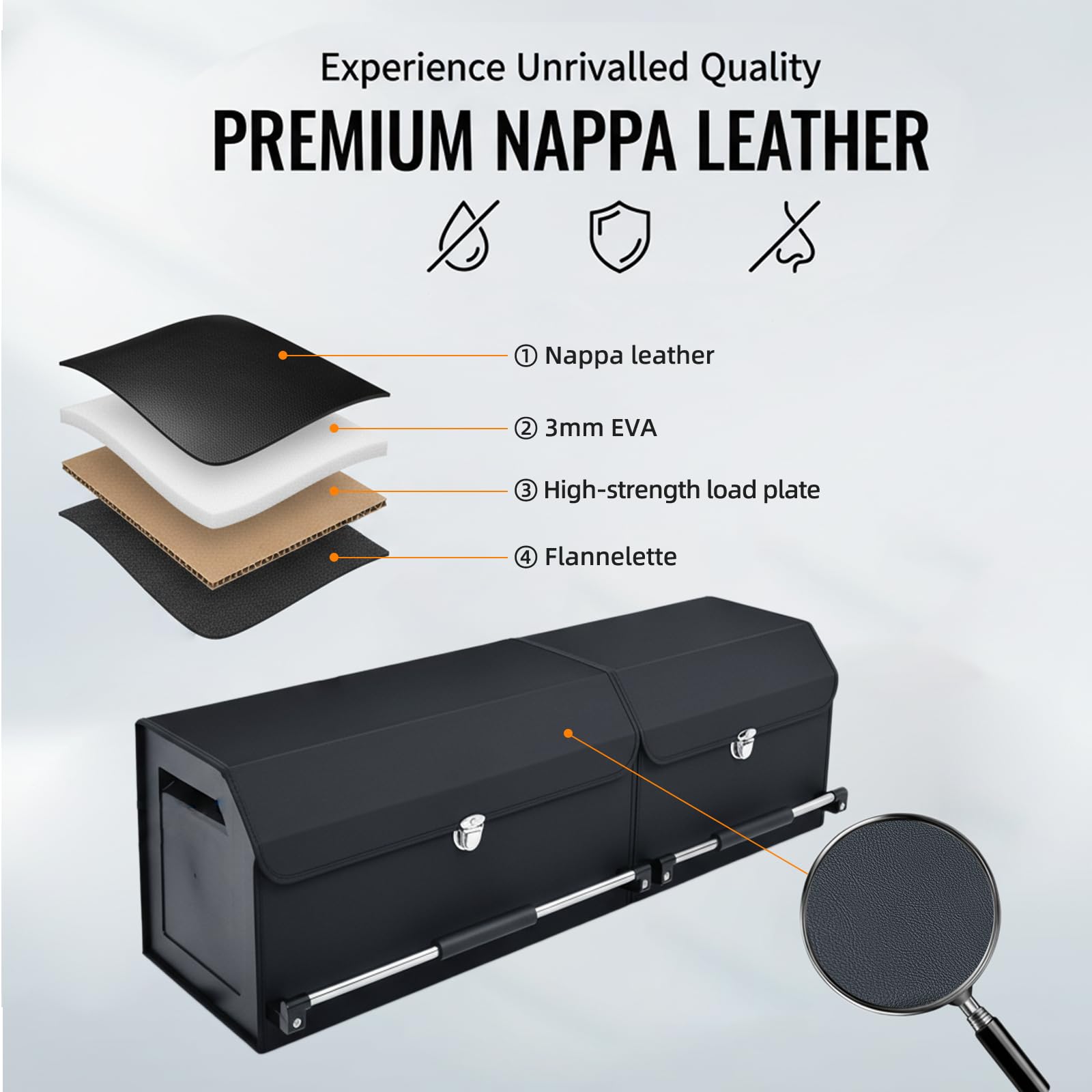 Organizador de maletero con tapa, caja modular 2 en 1 XXL de piel Nappa, asa deslizante empujable, gran capacidad 92L compatible con coches, SUV y monovolúmenes (103 x 29 x 31 cm)