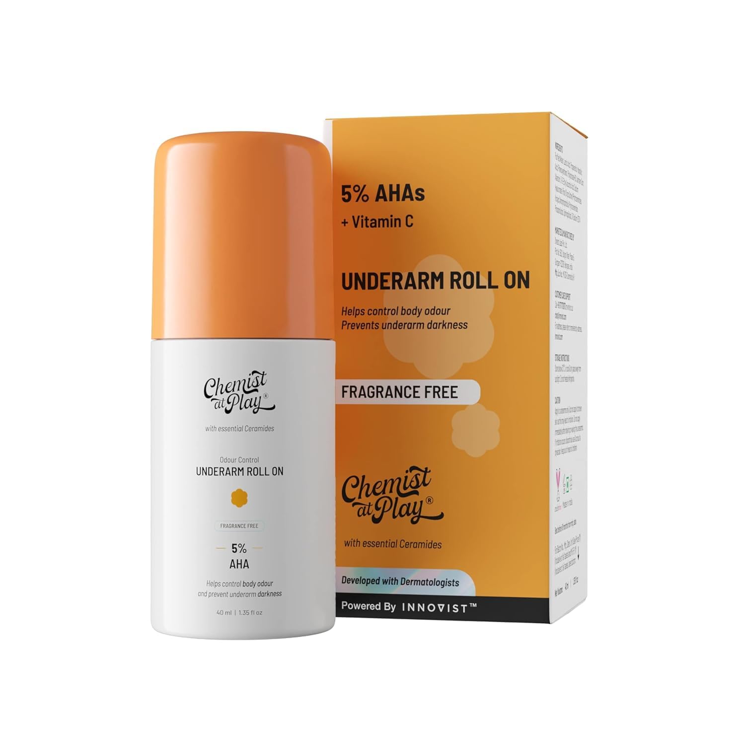 Chemist at PlayUnderArm Roll-On with 5% AHA| Lactic & Mandelic Acid|Prevents Odour, Brightens Skin & Exfoliates Underarm | For Sensitive Skin | Fragrance-Free | Alcohol & Aluminium Free | 1.35 fl oz