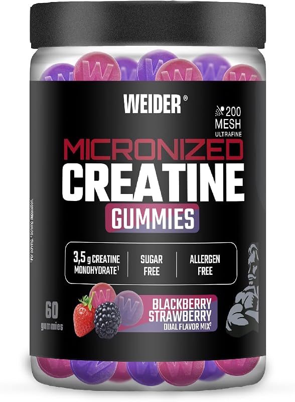 Weider Micronized Creatine Gummies (60 gominolas) Sabor DUO Fresa-Mora, con 3,5g creatina monohidrato 200 MESH/porción, Certificado por laboratorio Europeo, ayuda al rendimiento físico (20 porciones)