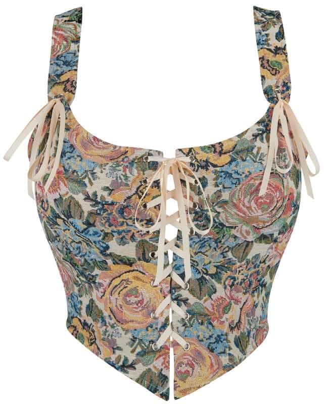 Dreay Womens Vintage Floral Print Grommet Lace Up Tie Front Corset Bustier Shapewear Top