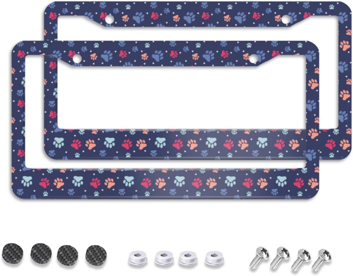 Paw Print License Plate Frame Colorful Dog Paw License Plate Holder Aluminum Metal Auto Accessories Decoration Fits US Canada Standard Car License Plate Cover 2 Holes with Screws for Men Women 2Pcs