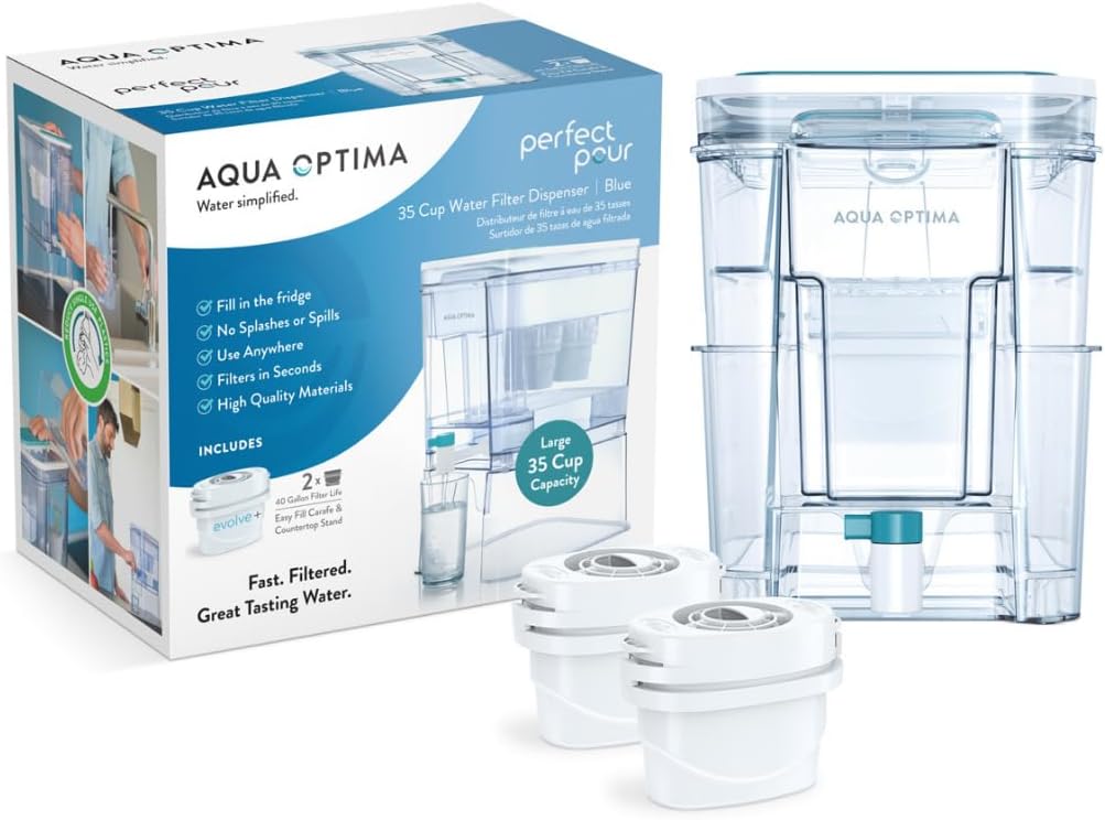 Perfect Pour XL Elite 35 Cup Water Filter Dispenser for Refrigerator by Aqua Optima, Reduces Microplastics, BPA Free, WQA Certified, Fill in Place Design, Countertop Stand, Includes 2 Filters, Blue