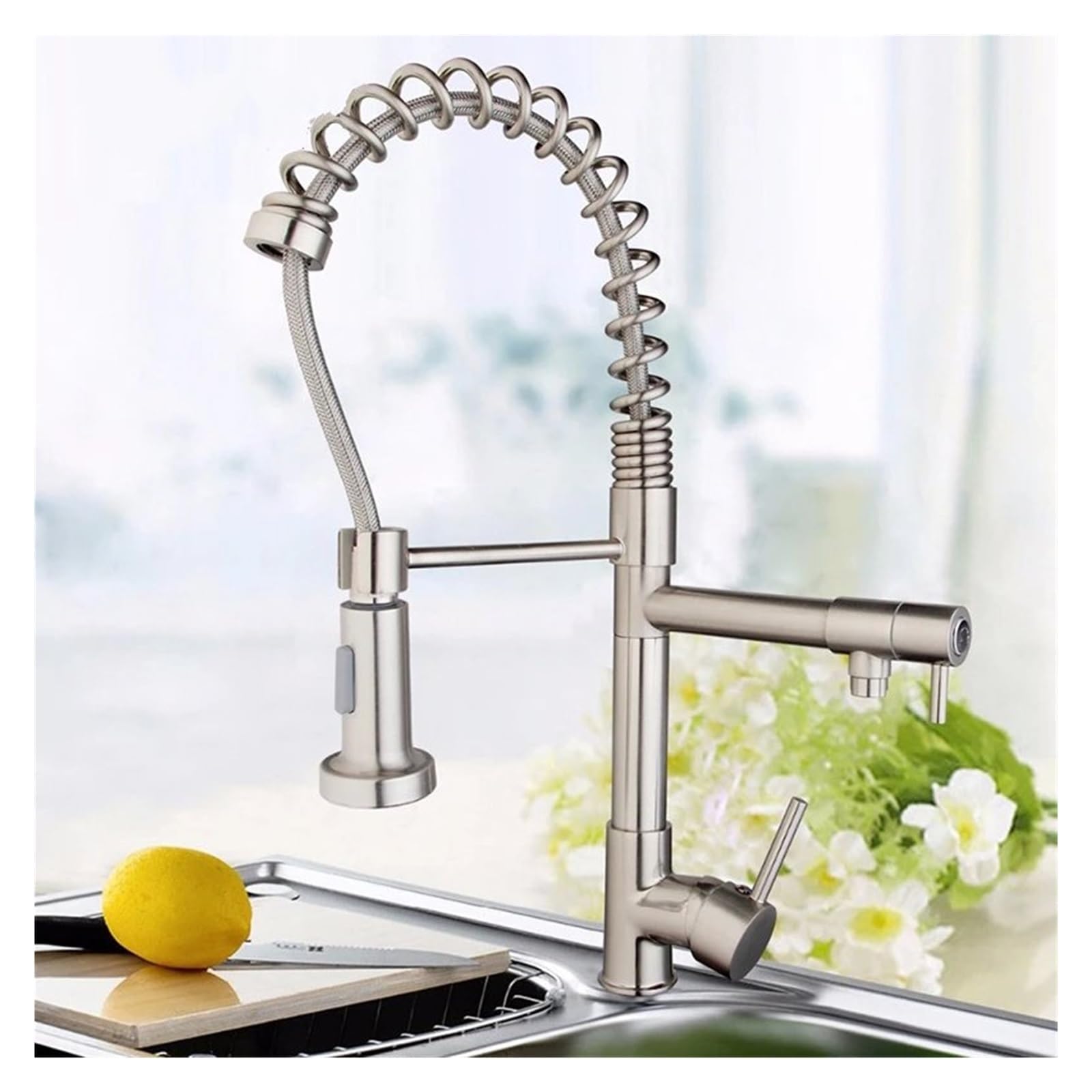 Robinet de cuisine mitigeur laiton massif avec douchette extractible nickel