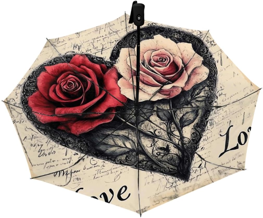 Vintage Heart Shape Rose Folding Umbrella Windproof Compact Lightweight Travel Umbrella with 8 Reinforced Ribs, Portable UV Sun & Rain Protection for Men & Women