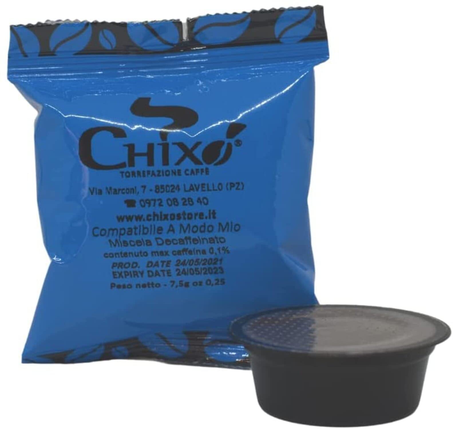 Coffee 150 Compatible Capsules A Modo Mio Decaffeinated Blend of Precious Arabica and Robusta Coffee Chixò - Roasted and Freshly Ground - Selected Origins - 7.5 g Capsule