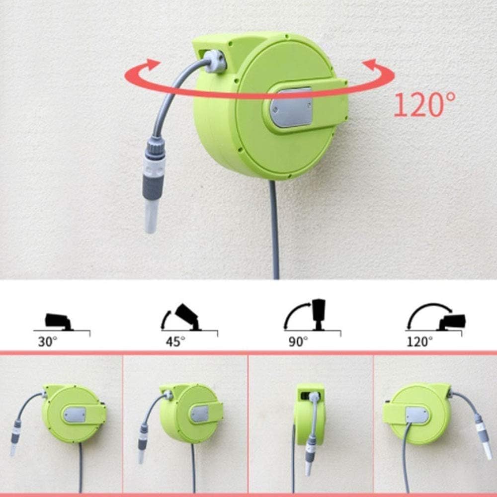 Carrete de manguera de montaje en pared, almacenamiento de agua retráctil de rebobinado automático con pistola de pulverización para lavado de automóviles y jardinería, soporte y estante duraderos
