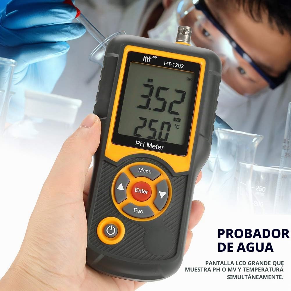 HT-1202 pHmetro,Mini PH Metro Electrónico Digital Profesional - con alta precisión de medición y con grandes pantallas LCD muestran simultáneamente PH o mV y temperatura