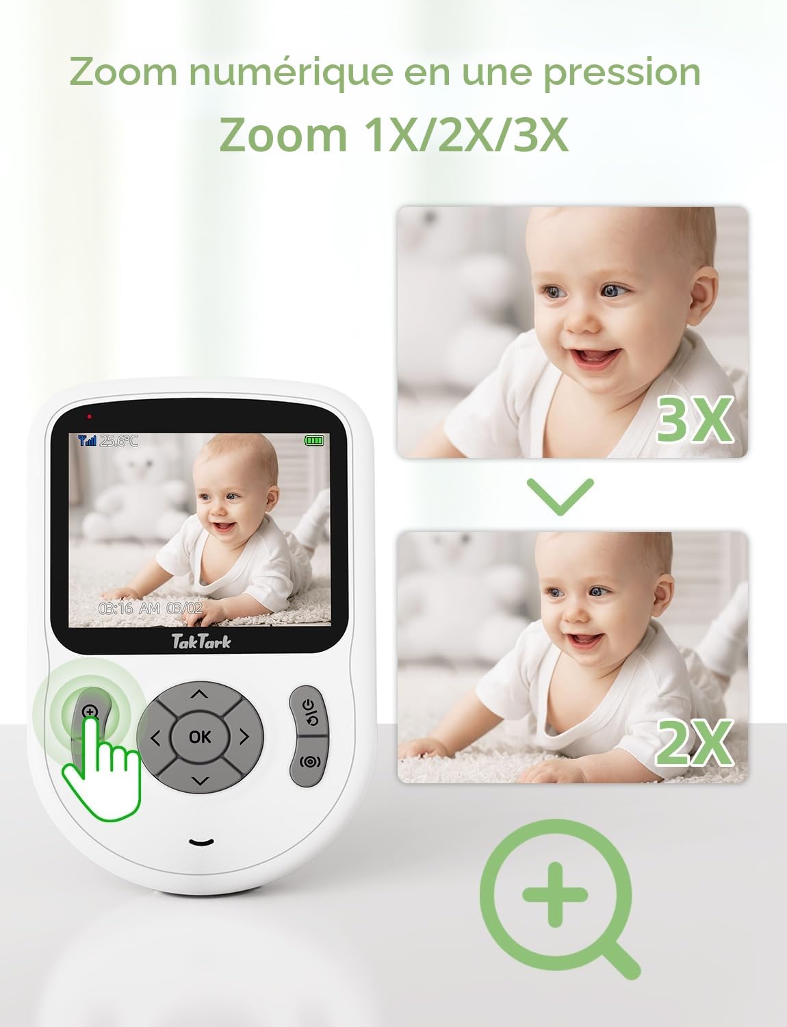 TakTark Babyphone avec caméra, 2,8" 720P HD IPS, avec portée de 1000 m, batterie de 20 heures, caméra sans Wi-Fi, VOX, conversation bidirectionnelle, vision nocturne, zoom 3 × et surveillance de la