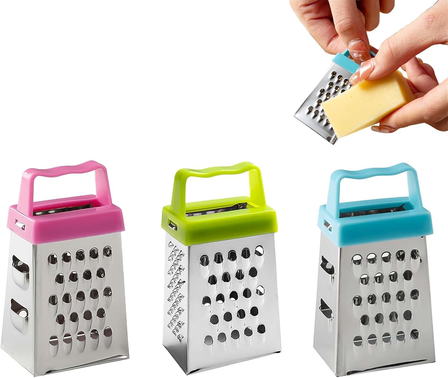 Mini Box Cheese Graters â 3-Pack Stainless Steel Graters with Handle â 4-in-1 Multi-Surface Handheld Grater for Cheese, Vegetables, Zucchini, and More â Compact, Dishwasher Safe, Anti-Rust K