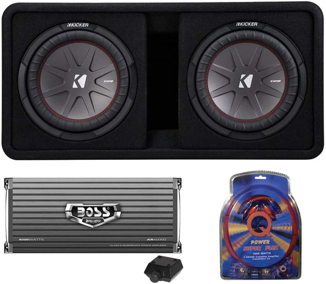 KICKER 43DCWR122 CompR 12" 2000 Watt 2-Ohm Vented Dual Loaded Car Subwoofer Enclosure and 4000 Watt Mono Class D Amplifier with 4 Gauge Amp Wiring Kit