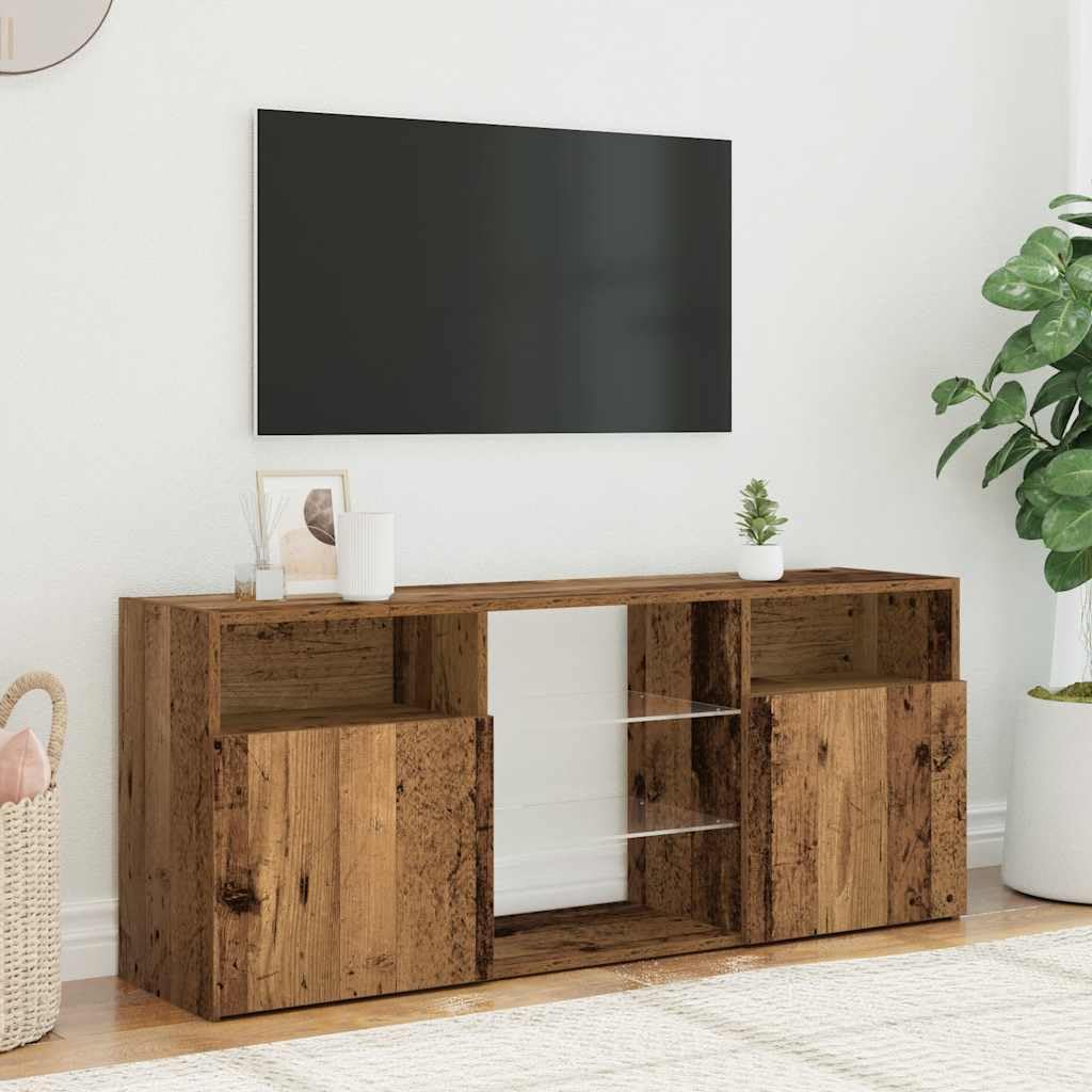 Stolik RTV pod TV z oświetleniem LED RGB, Szafka pod telewizor stare drewno, 120x30x50 cm, mebel z przegrodami do przechowywania do salonu