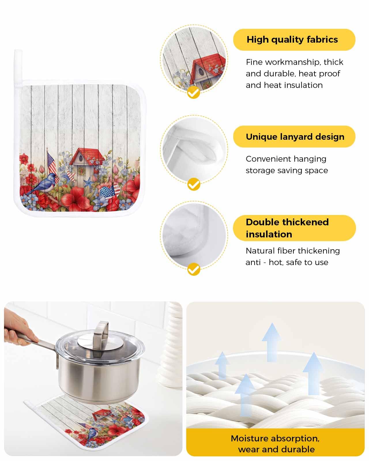 3 Packs Spring Summer Flower Birds Pot Holders Sets for Kitchen,Oven Pan Plate Bowl Pads Heat Proof Mat with Hanging Loop,Thick Terry Cooking Baking Cloth Potholders 4th of July Farmhouse Red Floral