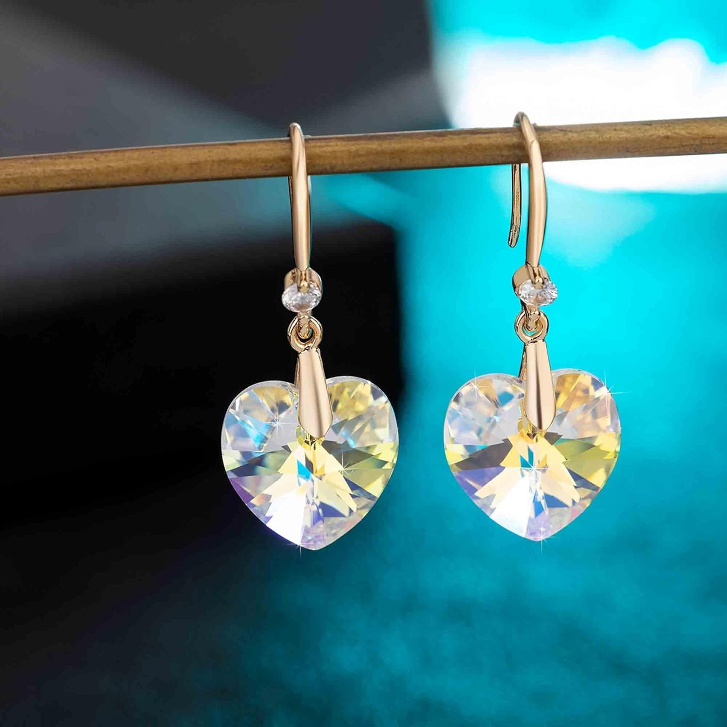 Austrian Crystal Heart Dangle Drop Earrings for Women 14K Gold Plated Hook Earring Hypoallergenic Jewelry - Image 3