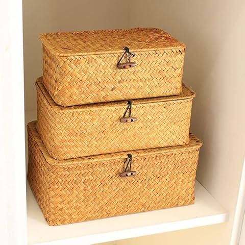 YSGLIFE Creative Storage Basket with Lid Party & Wedding Gift Boxes with Ribbon Inside Natural Seagrass Woven (Set of 3) Cover