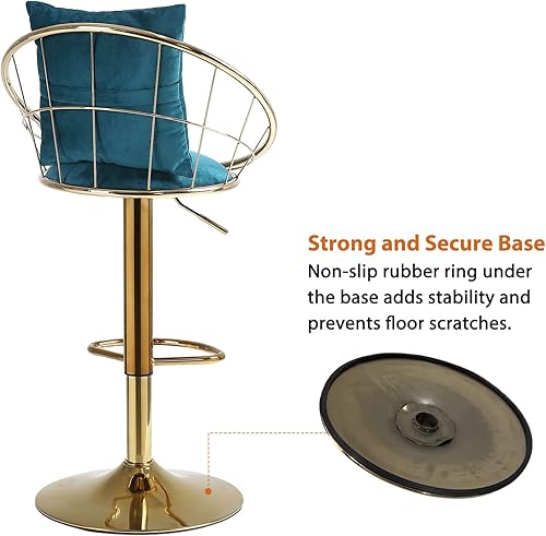 Miniatura 6 de Taiweny Juego de 2 taburetes de bar giratorios ajustables, modernos taburetes de bar tapizados de terciopelo con respaldo de rejilla, almohada y