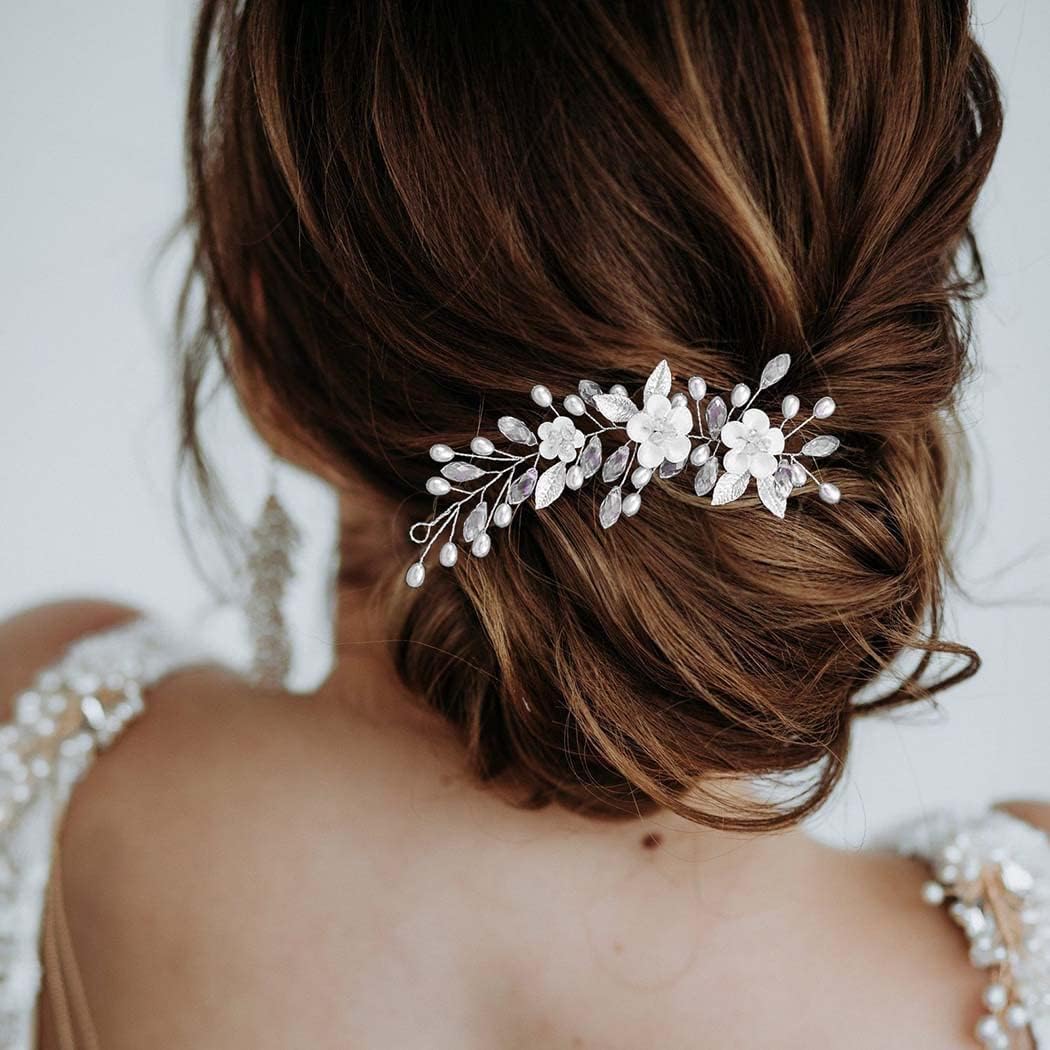 Vakkery Flower Wedding Hair Vines Silver Pearl Hair Piece Crystal Bridal Hair Accessories for Women and Bride (2pcs)