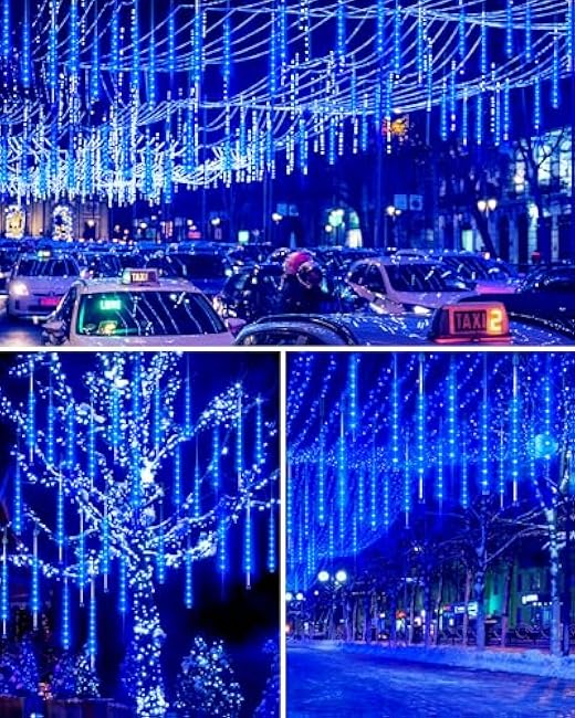 Blingstar Meteor Shower Lights Outdoor 10Tubes 16 Inch 360 LED Christmas Lights Waterproof Falling Rain Light Plug in Dripping Icicle Light for Tree Porch Roof Yard Xmas Halloween Decoration, Blue