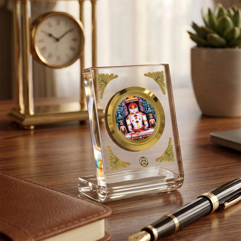Image of DIVINITI 24K Gold Plated Lord Adinath Acrylic Frame for Car Dashboard, Home Temple & Office Table | Premium Spiritual Gift, Blessings for Protection & Positivity, 8x7 cm Decorative Showpiece