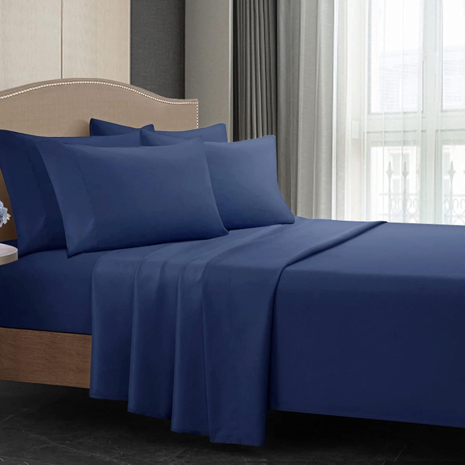 Queen Sheets Brushed Microfiber Bed Sheets Extra Soft Bed Set Fade Resistant Easy Care Bedding Sheets & Pillowcases 6Pcs Set-Queen NavyBlue