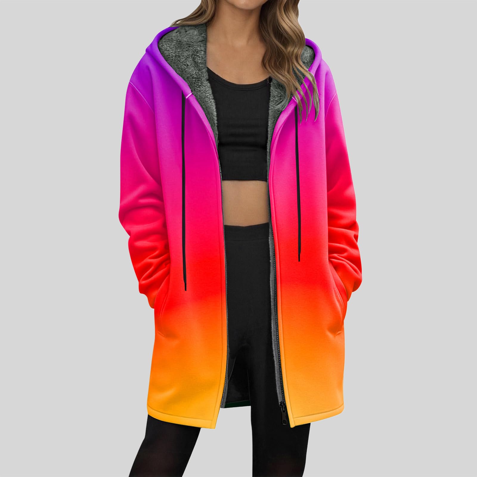 Giacca da Donna in Peluche, con Cappuccio, Lunga e Calda, in Pile, a Maniche Lunghe, Invernale, Cappotto Invernale, Peluche, Elegante Felpa Marrone Ragazza