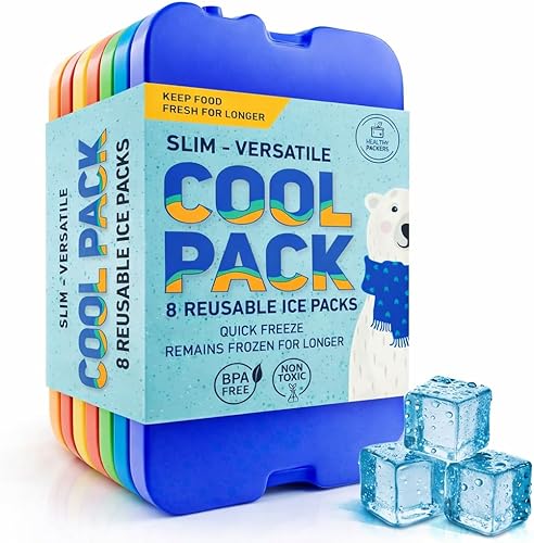 Healthy Packers Paquetes de hielo para loncheras y enfriadores, paquete de 8 unidades original Paquete de hielo reutilizable delgado y duradero