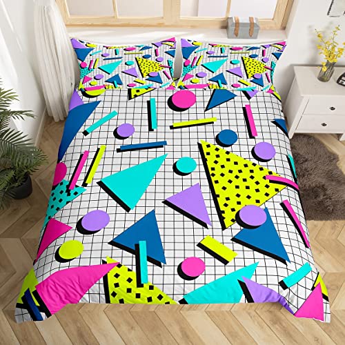 Memphis Geometric Pattern Comforter Cover Set King Size,Retro Style Round Half Moon Triangle Shapes Artwork Duvet Cover Colorful Graphic 80s 90S Style Bedding Set Abstract 1990S Memphis Home