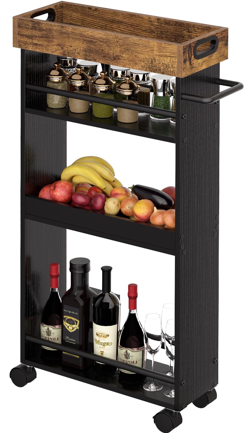 Slim Storage Cart, 4 Tier Bathroom Storage Cart with Pallets, Kitchen Utility Cart, Narrow Rolling Cart with Handle for Small Spaces for Dining Room, Bathroom, Laundry Room