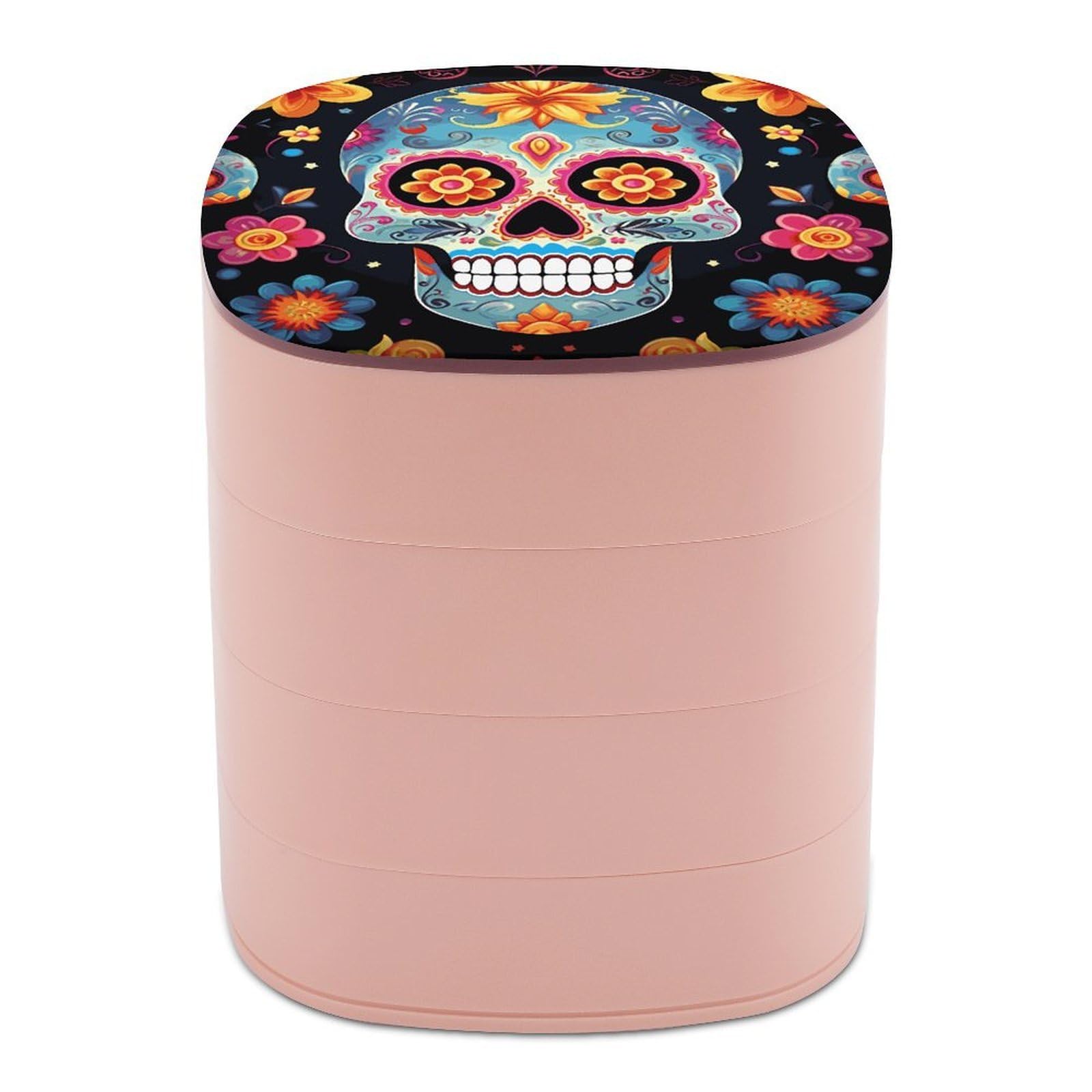 FekiLoot Sugar Skulls Jewelry Box 4-Layers Rotatable Jewelry Organizer Storage Box with Mirror Cute Travel Jewelry Case Portable Earring Holder Organizer for Ring Necklace Bracelet