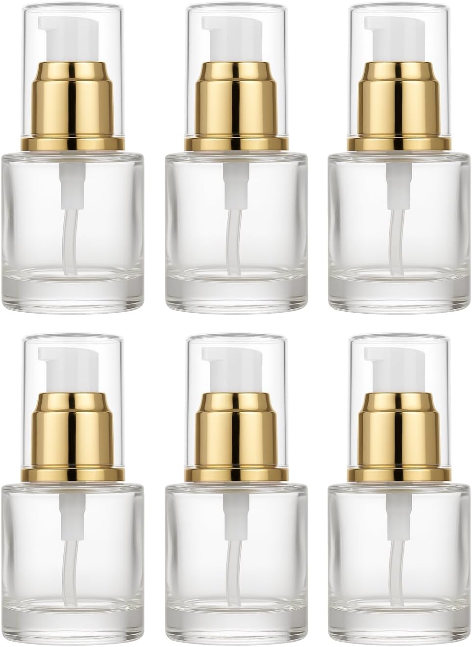 6Packs 20ml Clear Glass Lotion Pump Bottles Refillable Travel Cosmetic Containers with Pump and Clear Cap Mini Empty Dispenser Jars for Serum, Essence, Toner, Skincare, Essential Oils (Golden)