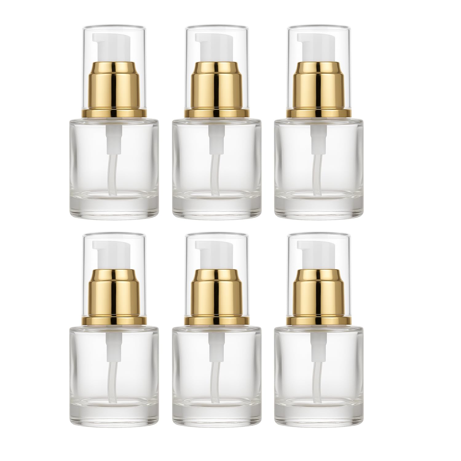 6Packs 20ml Clear Glass Lotion Pump Bottles Refillable Travel Cosmetic Containers with Pump and Clear Cap Mini Empty Dispenser Jars for Serum, Essence, Toner, Skincare, Essential Oils (Golden)