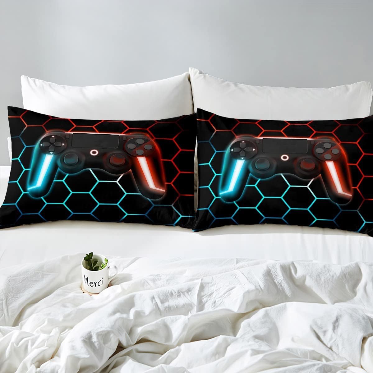 Game Comforter Cover For Boys Gamer Duvet Cover For Boys King Lightweight,Teens Modern Gradient Gaming Bedding Set Gamer Home Decor Goemetric Honeycomb Bedspread Cover + 2 Pillowcase - Image 4
